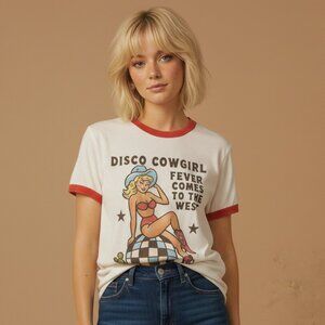 Western Disco Ringer Graphic Tee 70s Vintage Aesthetic Cowgirl T-Shirt